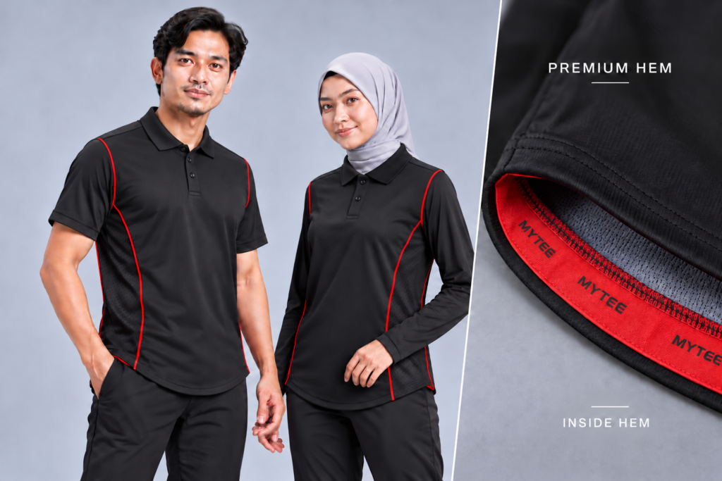 Multipanel MF6A Polo Basic Premium Hem — Polo, Basic / standard, Premium Hem. AI illustration, not an actual sewn sample.