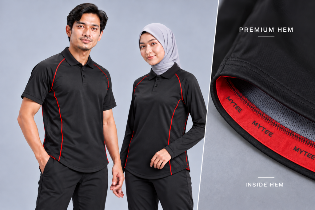 Multipanel MF6A Polo Raglan Premium Hem — Polo, Raglan, Premium Hem. AI illustration, not an actual sewn sample.