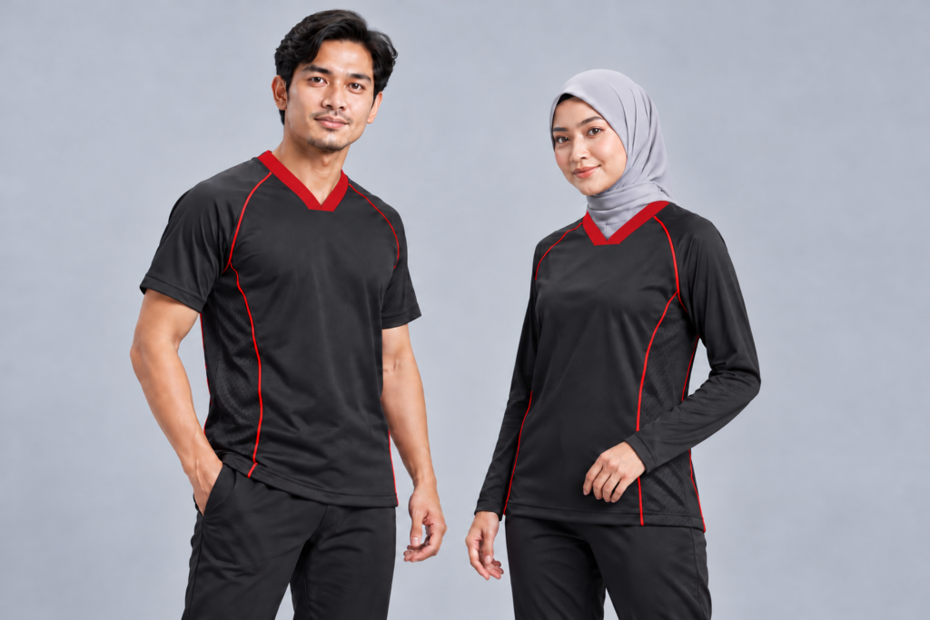 Multipanel MF6A Vneck Flat Raglan — V-neck Flat, Raglan, Standard finish. AI illustration, not an actual sewn sample.