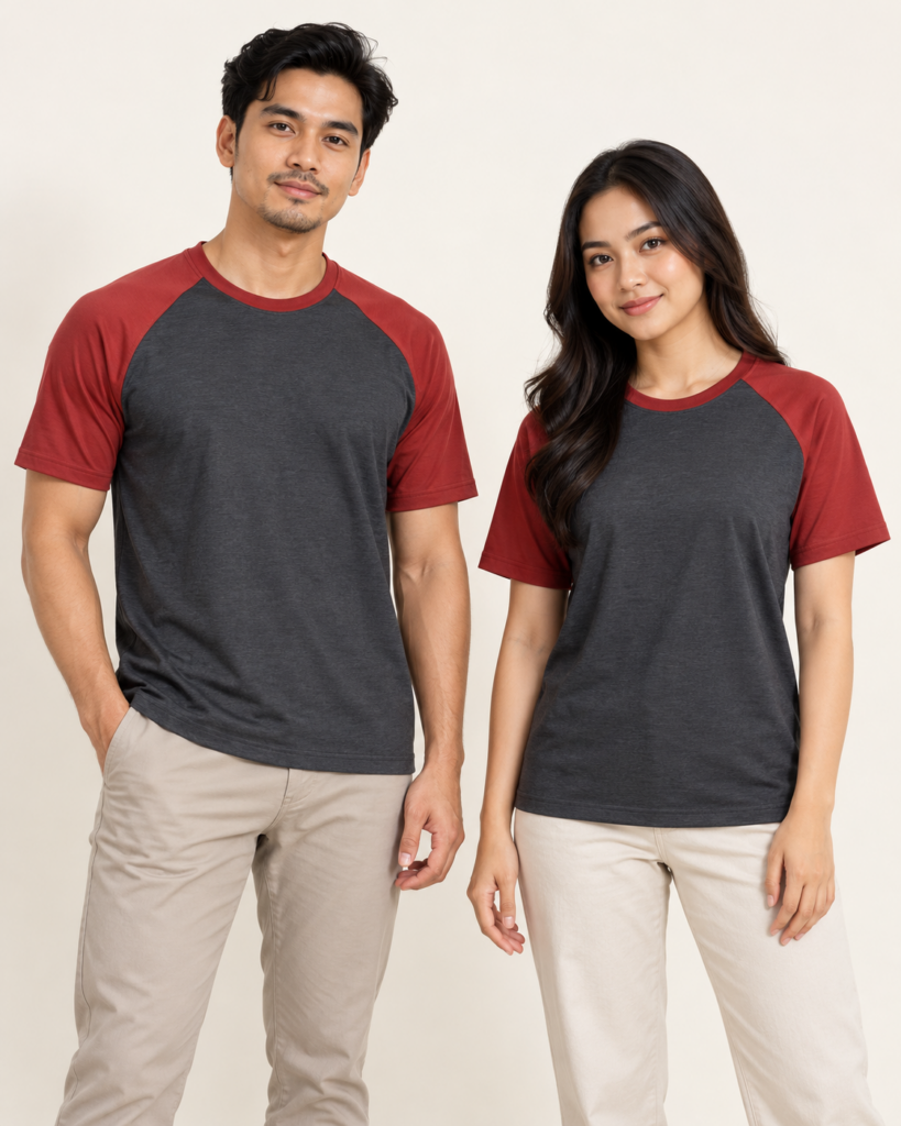Adult Roundneck Raglan Basic — Roundneck, Raglan, Standard finish. AI illustration, not an actual sewn sample.