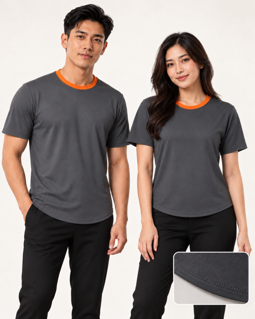 Adult Roundneck Curve Hem — Roundneck, Basic / standard, Curve Hem. AI illustration, not an actual sewn sample.