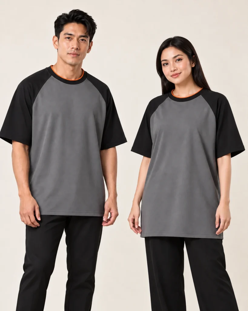 Adult Roundneck Raglan Wide Shoulder — Roundneck, Raglan Wide Shoulder, Standard finish. AI illustration, not an actual sewn sample.