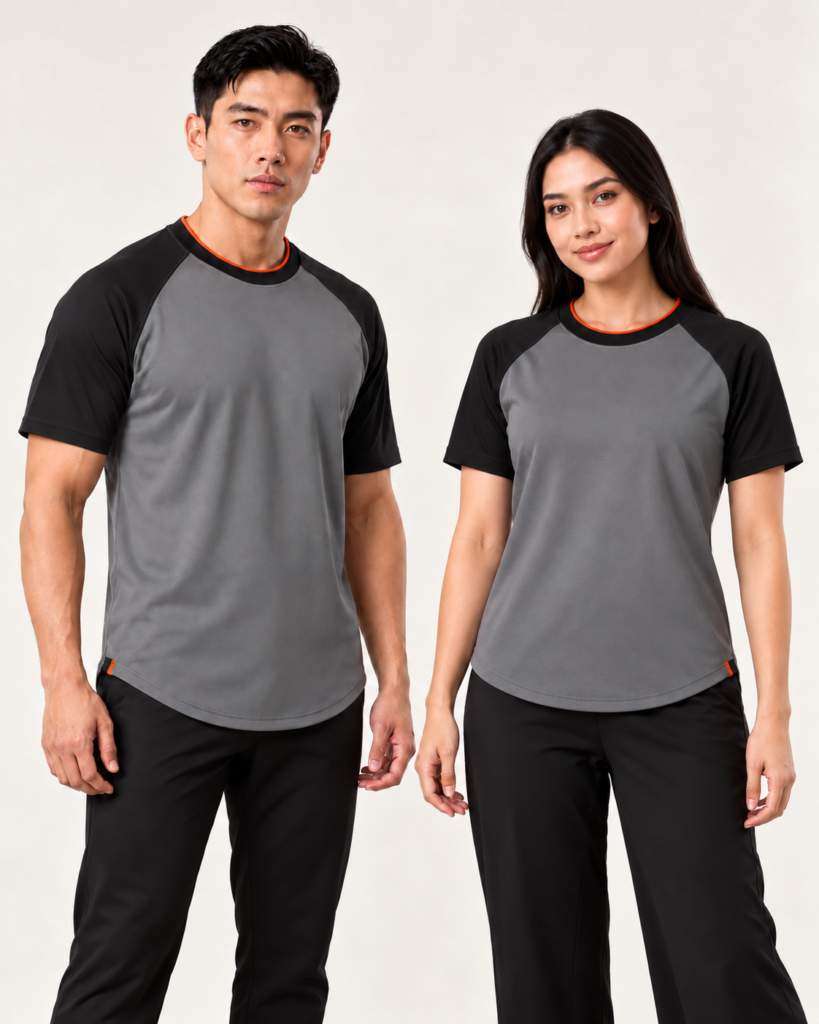 Adult Roundneck Raglan Curve Hem — Roundneck, Raglan, Curve Hem. AI illustration, not an actual sewn sample.