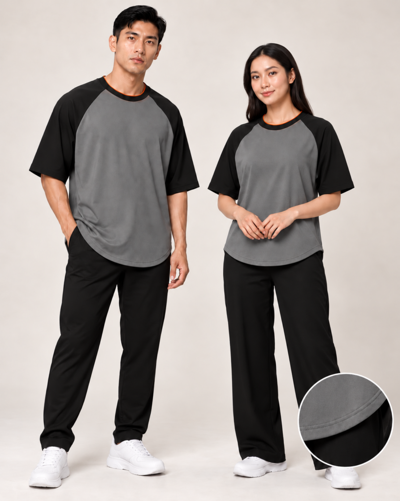 Adult Roundneck Raglan Wide Shoulder Curve Hem — Roundneck, Raglan Wide Shoulder, Curve Hem. AI illustration, not an actual sewn sample.