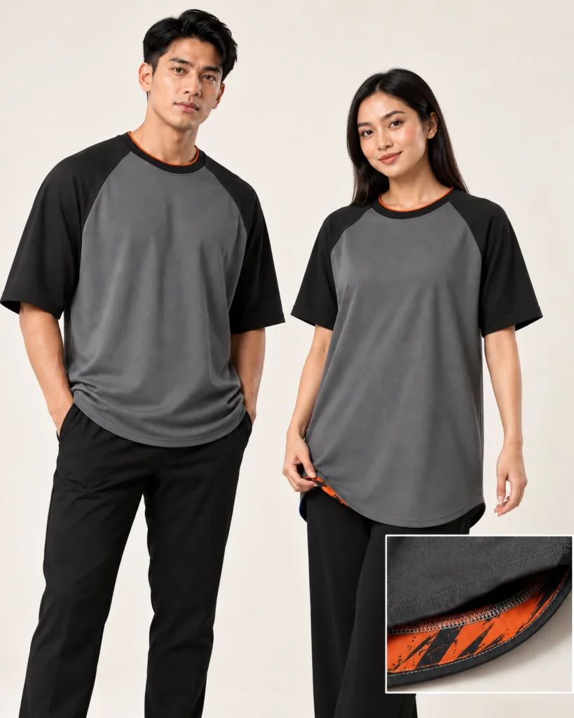 Adult Roundneck Raglan Wide Shoulder Premium Hem — Roundneck, Raglan Wide Shoulder, Premium Hem. AI illustration, not an actual sewn sample.