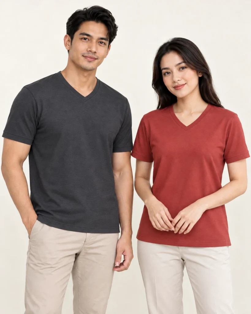 Adult Vneck Basic — V-neck, Basic / standard, Standard finish. AI illustration, not an actual sewn sample.