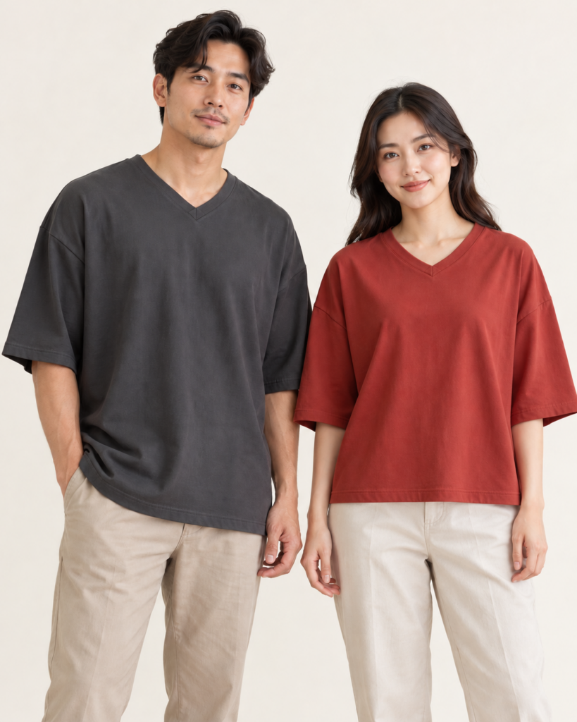 Adult Vneck Oversize Basic — V-neck, Oversize, Standard finish. AI illustration, not an actual sewn sample.