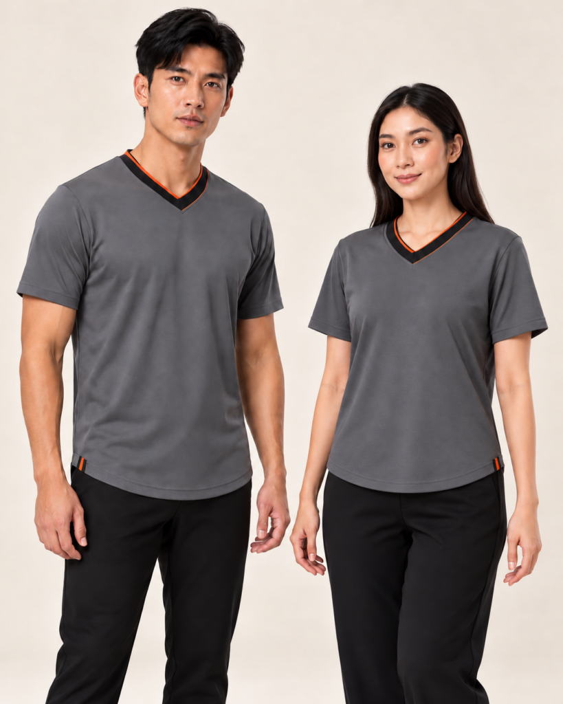 Adult Vneck Curve Hem Basic — V-neck, Basic / standard, Curve Hem. AI illustration, not an actual sewn sample.