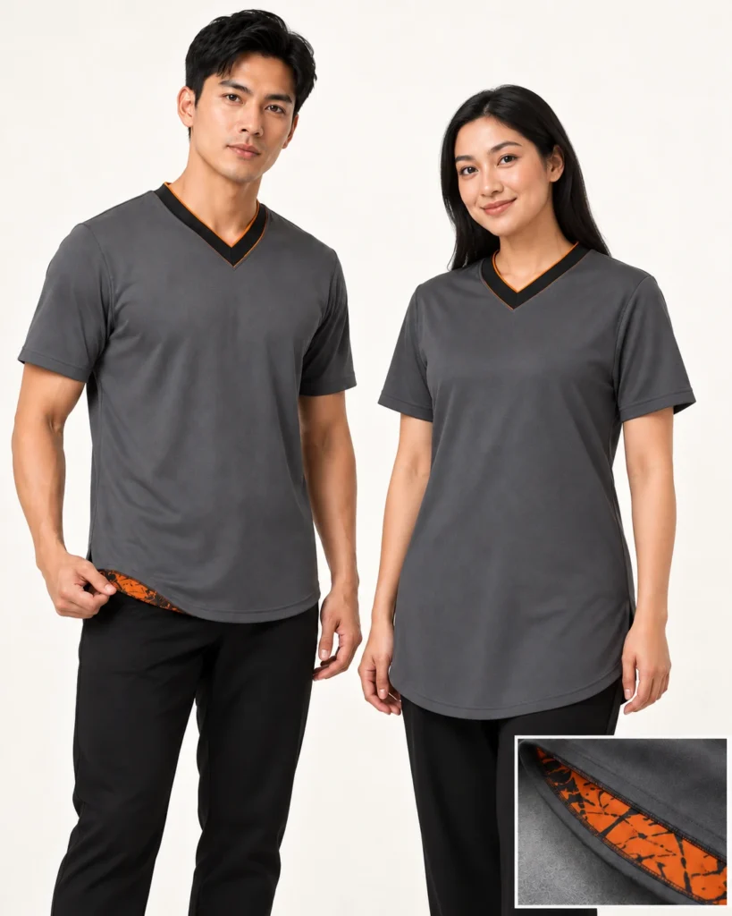 Adult Vneck Premium Hem — V-neck, Basic / standard, Premium Hem. AI illustration, not an actual sewn sample.