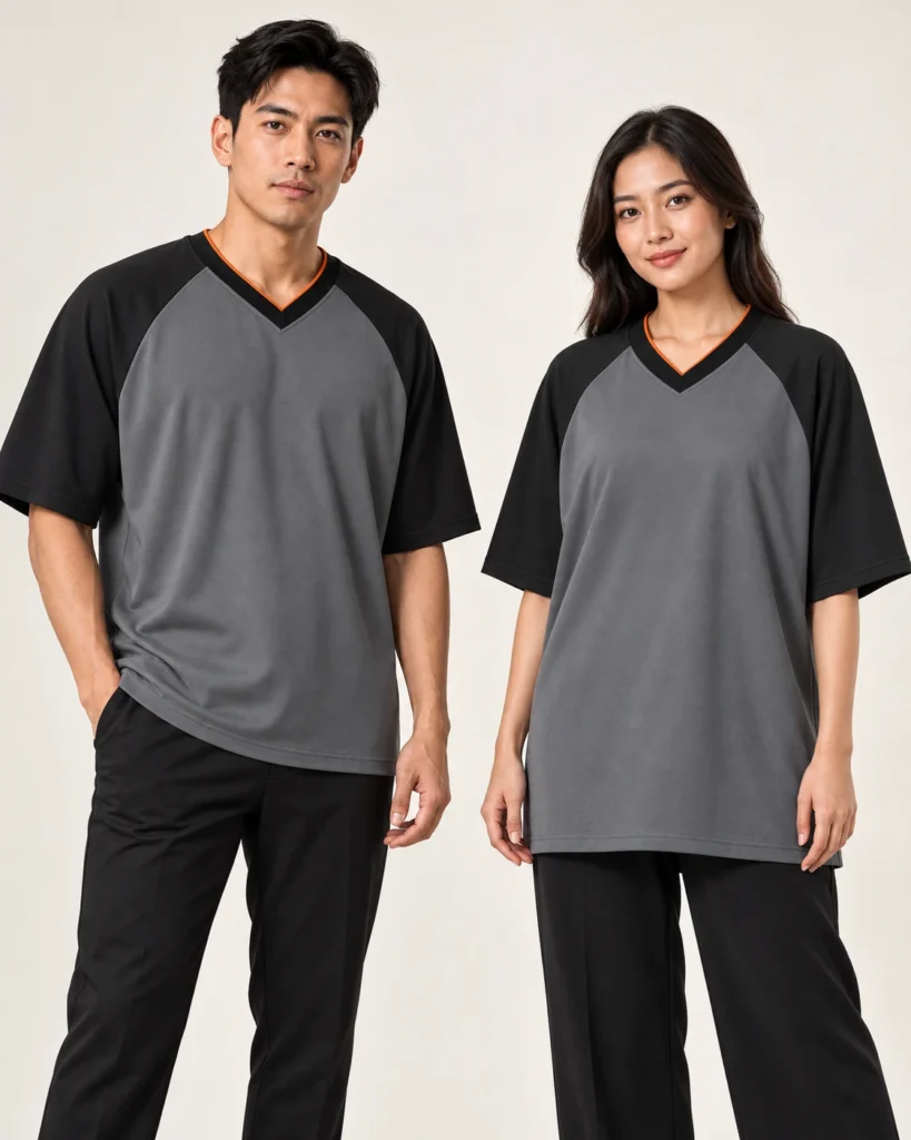 Adult Vneck Raglan Wide Shoulder — V-neck, Raglan Wide Shoulder, Standard finish. AI illustration, not an actual sewn sample.