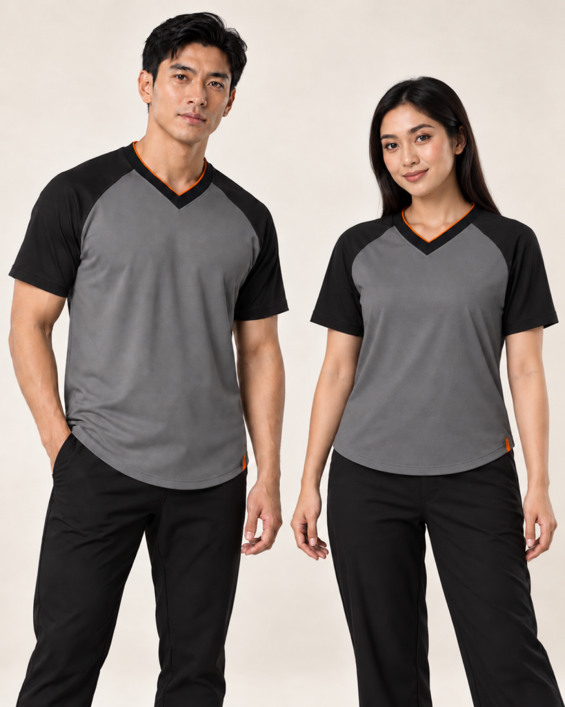 Adult Vneck Raglan Curve Hem — V-neck, Raglan, Curve Hem. AI illustration, not an actual sewn sample.