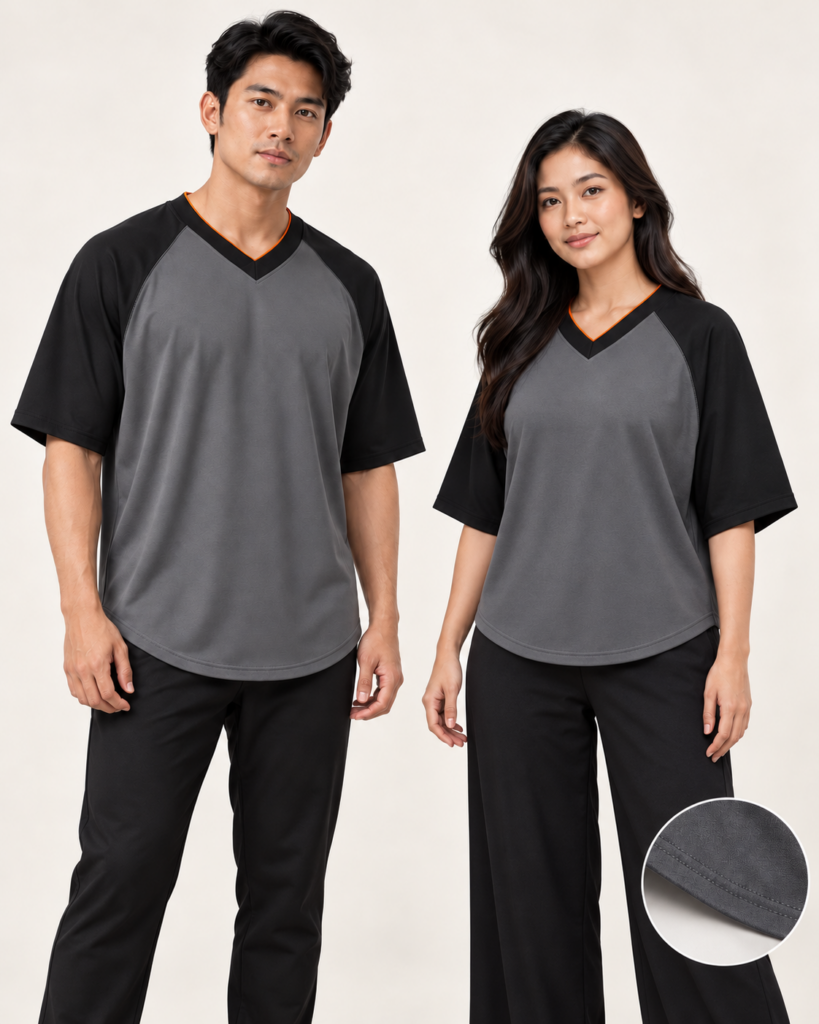 Adult Vneck Raglan Wide Shoulder Curve Hem — V-neck, Raglan Wide Shoulder, Curve Hem. AI illustration, not an actual sewn sample.