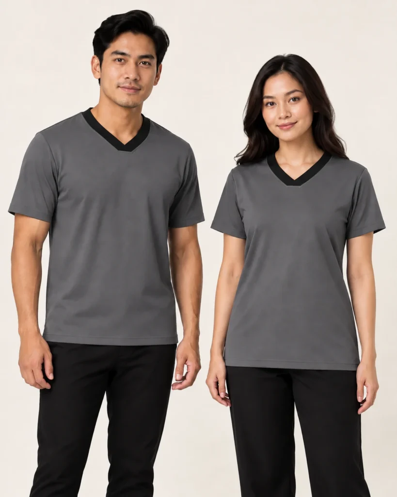 Adult Vneck Flat Basic — V-neck Flat, Basic / standard, Standard finish. AI illustration, not an actual sewn sample.