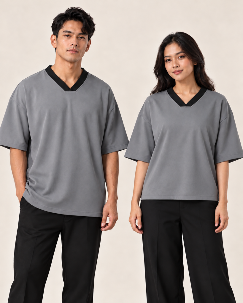 Adult Vneck Flat Oversize Basic — V-neck Flat, Oversize, Kemasan standard. Gambaran AI, bukan sampel jahitan sebenar.
