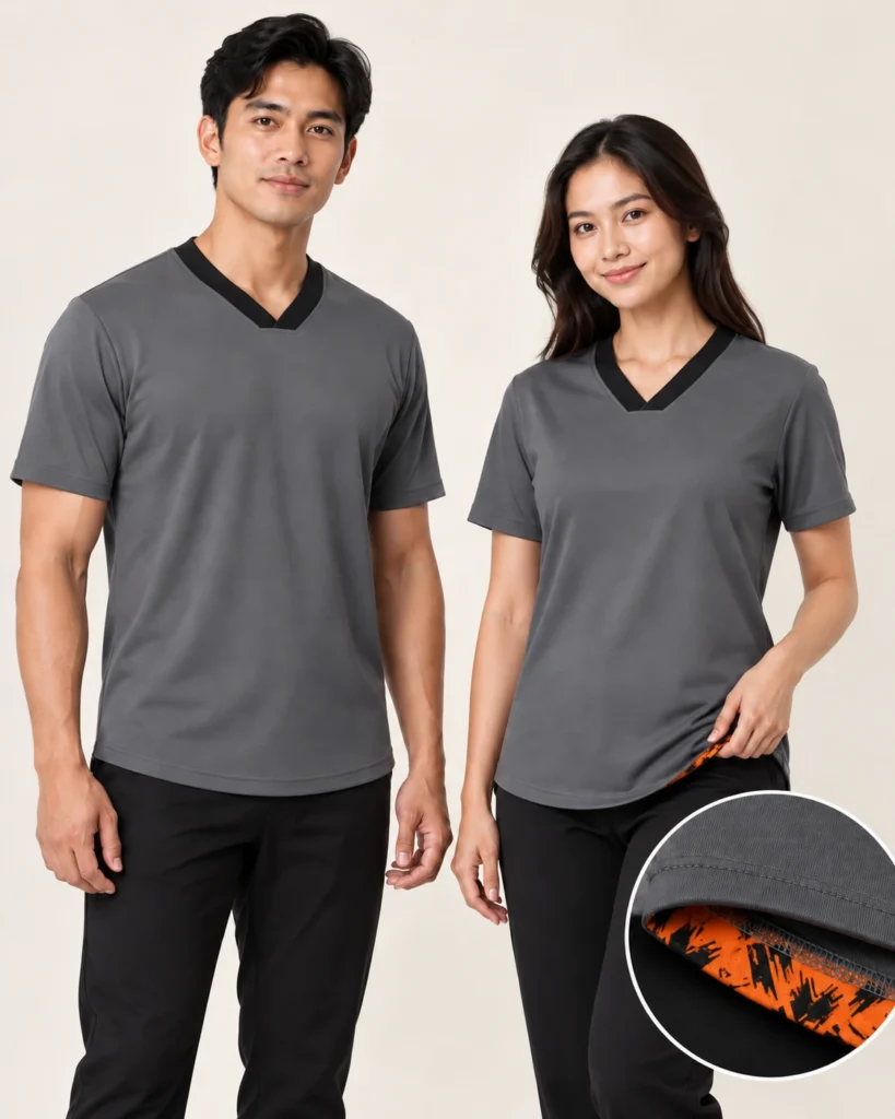 Adult Vneck Flat Premium Hem — V-neck Flat, Basic / standard, Premium Hem. Gambaran AI, bukan sampel jahitan sebenar.