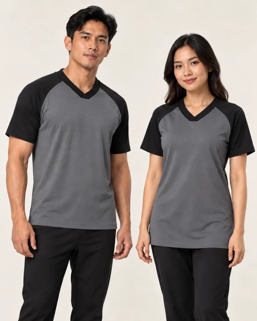 Adult Vneck Flat Raglan Basic — V-neck Flat, Raglan, Kemasan standard. Gambaran AI, bukan sampel jahitan sebenar.