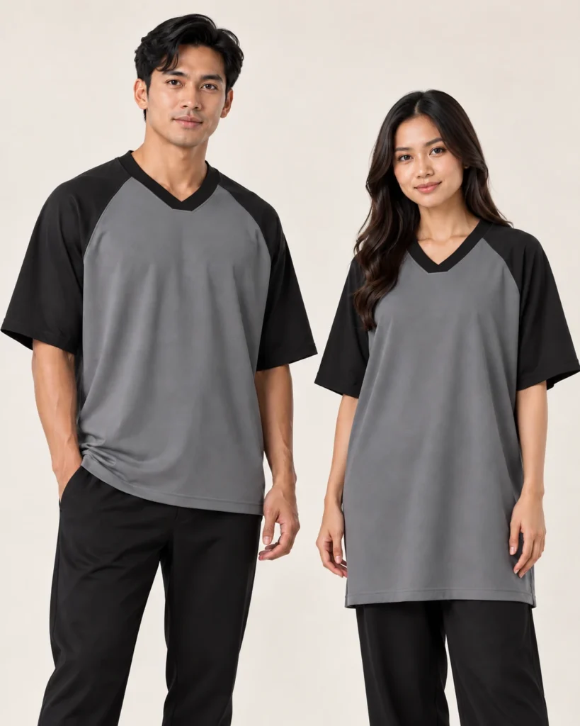 Adult Vneck Flat Raglan Wide Shoulder — V-neck Flat, Raglan Wide Shoulder, Kemasan standard. Gambaran AI, bukan sampel jahitan sebenar.
