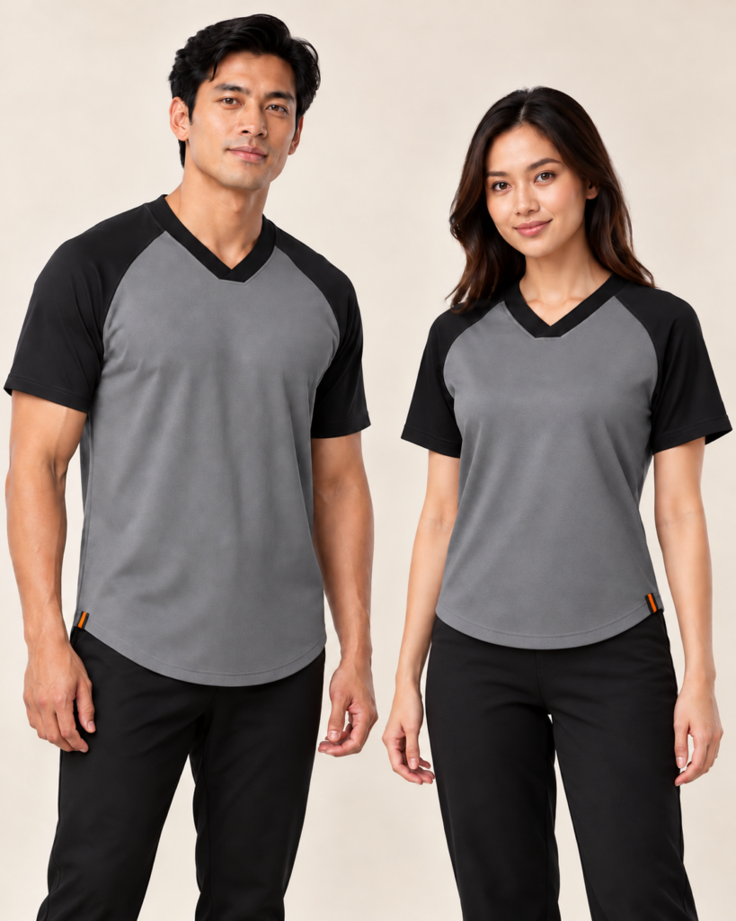 Adult Vneck Flat Raglan Curve Hem — V-neck Flat, Raglan, Curve Hem. Gambaran AI, bukan sampel jahitan sebenar.
