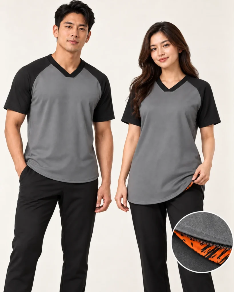 Adult Vneck Flat Raglan Premium Hem — V-neck Flat, Raglan, Premium Hem. AI illustration, not an actual sewn sample.