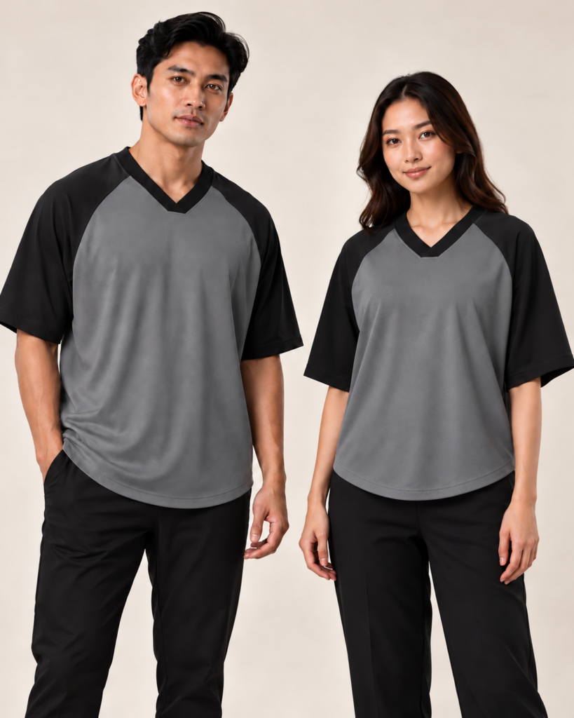 Adult Vneck Flat Raglan Wide Shoulder Curve Hem — V-neck Flat, Raglan Wide Shoulder, Curve Hem. AI illustration, not an actual sewn sample.