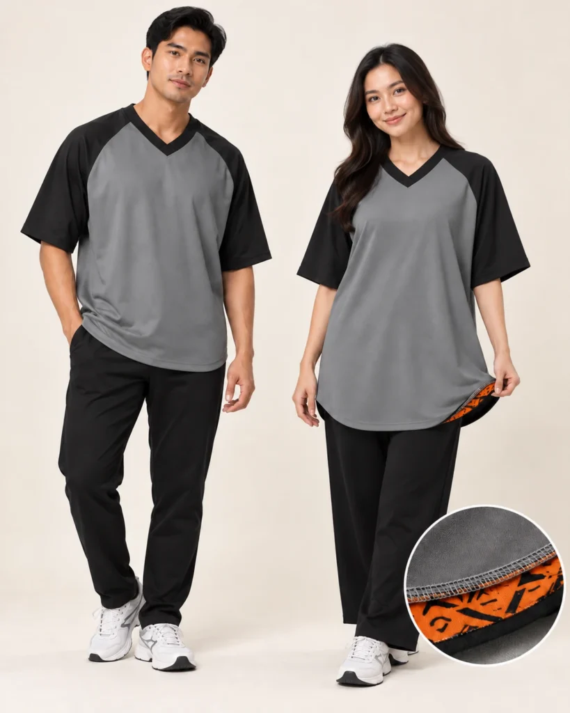 Adult Vneck Flat Raglan Wide Shoulder Premium Hem — V-neck Flat, Raglan Wide Shoulder, Premium Hem. Gambaran AI, bukan sampel jahitan sebenar.