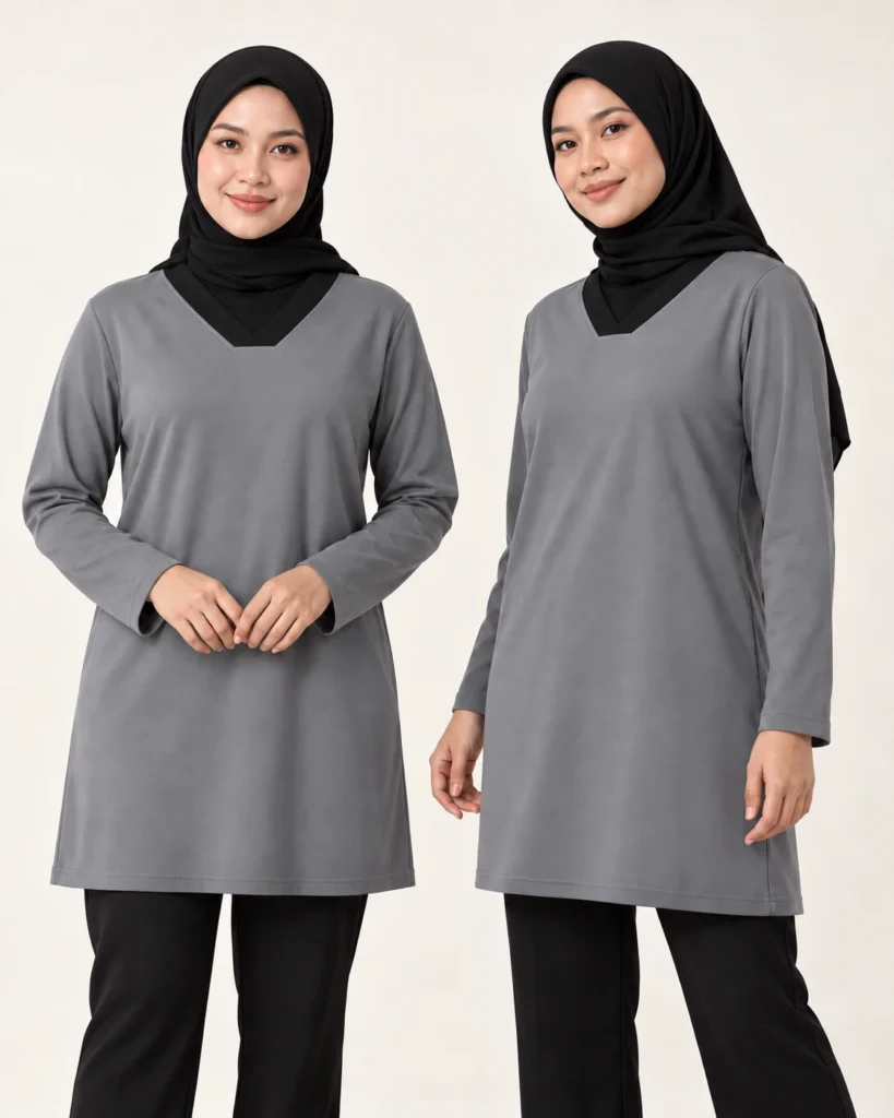 Adult Vneck Flat Muslimah Basic — V-neck Flat, Muslimah, Kemasan standard. Gambaran AI, bukan sampel jahitan sebenar.