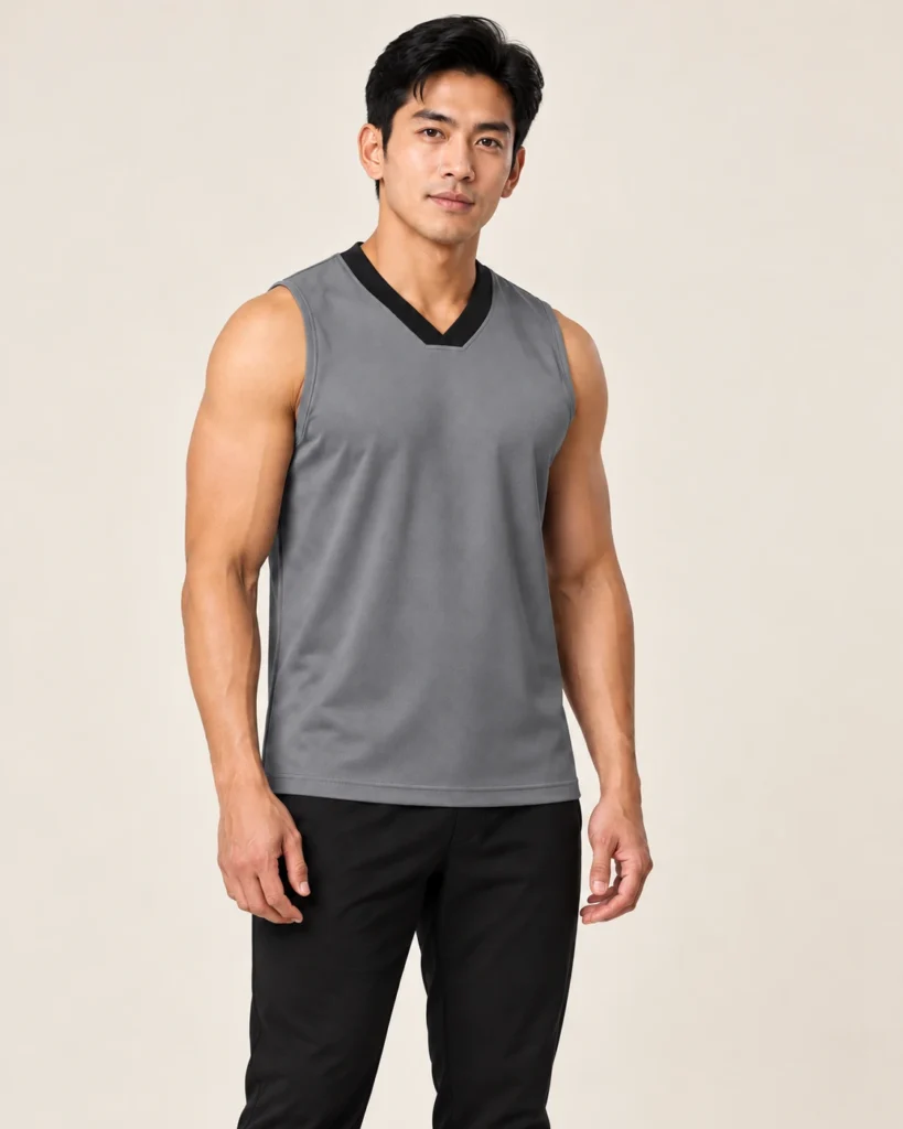 Adult Vneck Flat Singlet Basic — V-neck Flat, Sleeveless / Singlet, Standard finish. AI illustration, not an actual sewn sample.