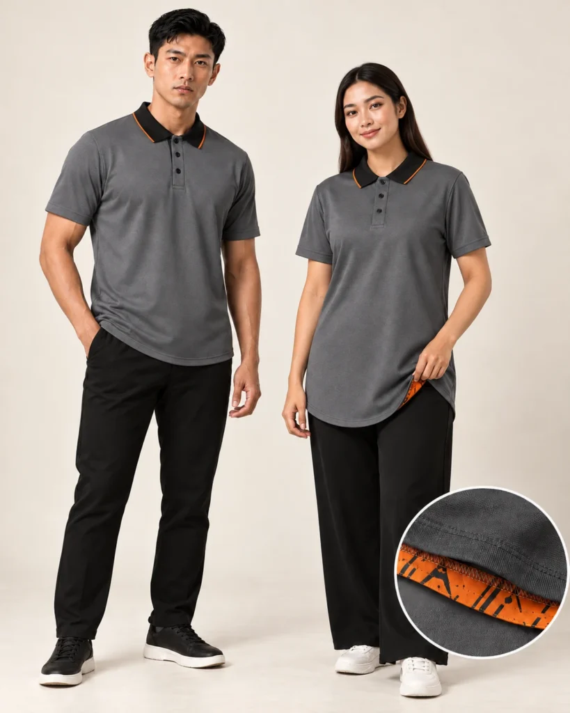 Adult Polo Premium Hem — Polo, Basic / standard, Premium Hem. Gambaran AI, bukan sampel jahitan sebenar.