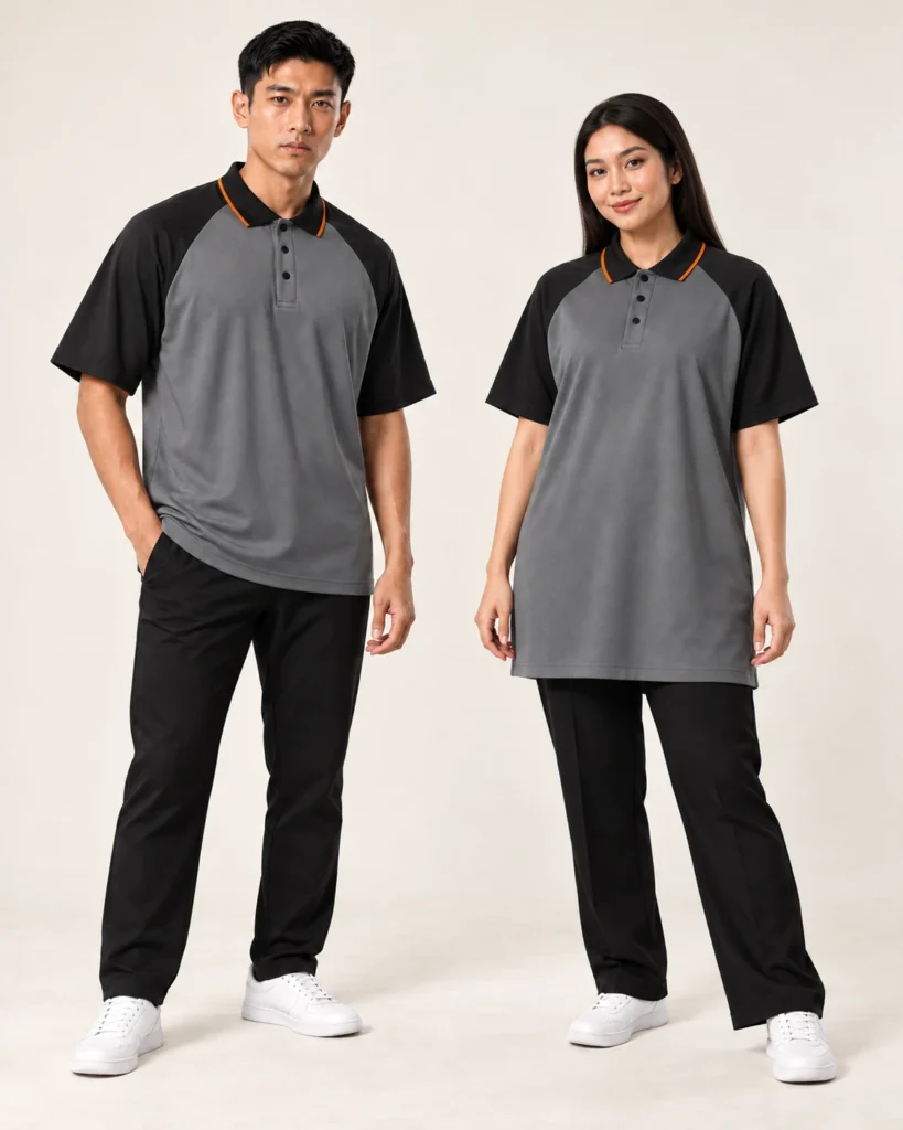 Adult Polo Raglan Wide Shoulder — Polo, Raglan Wide Shoulder, Kemasan standard. Gambaran AI, bukan sampel jahitan sebenar.