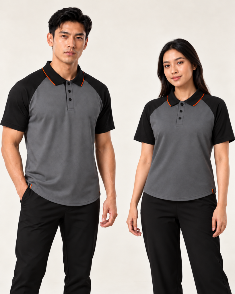 Adult Polo Raglan Curve Hem — Polo, Raglan, Curve Hem. Gambaran AI, bukan sampel jahitan sebenar.