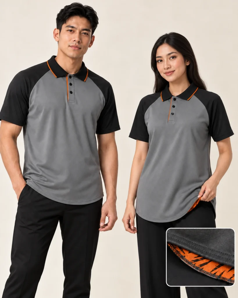 Adult Polo Raglan Premium Hem — Polo, Raglan, Premium Hem. Gambaran AI, bukan sampel jahitan sebenar.