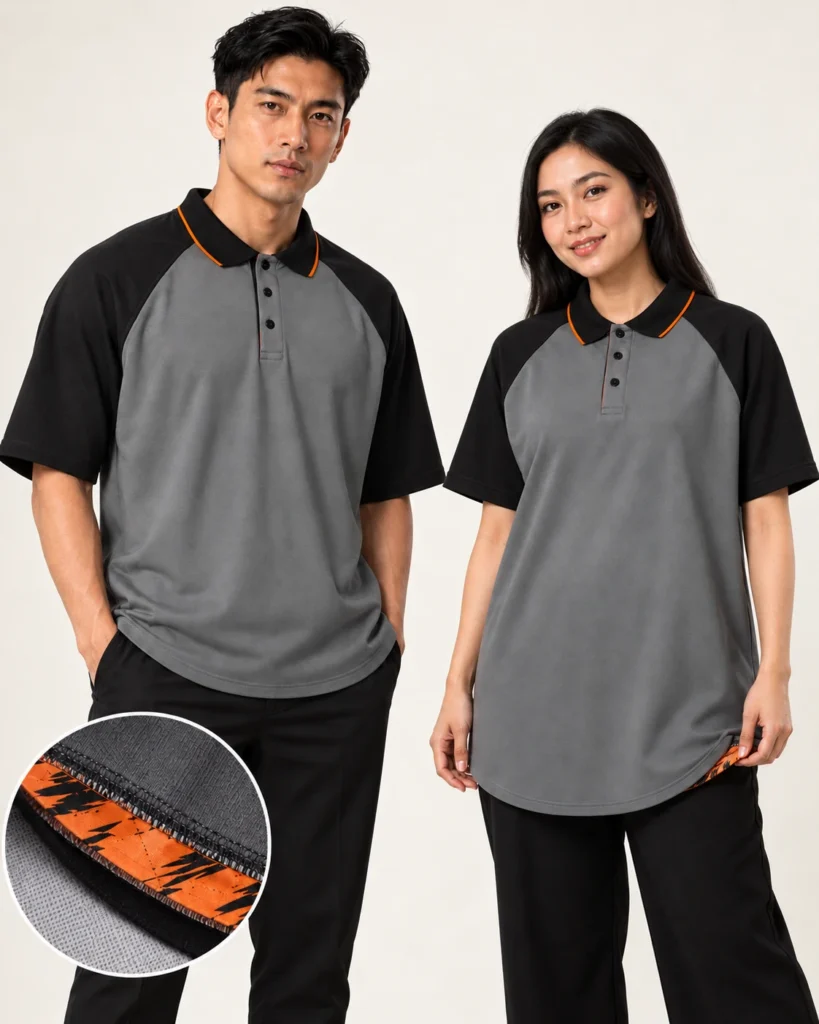 Adult Polo Raglan Wide Shoulder Premium Hem — Polo, Raglan Wide Shoulder, Premium Hem. Gambaran AI, bukan sampel jahitan sebenar.