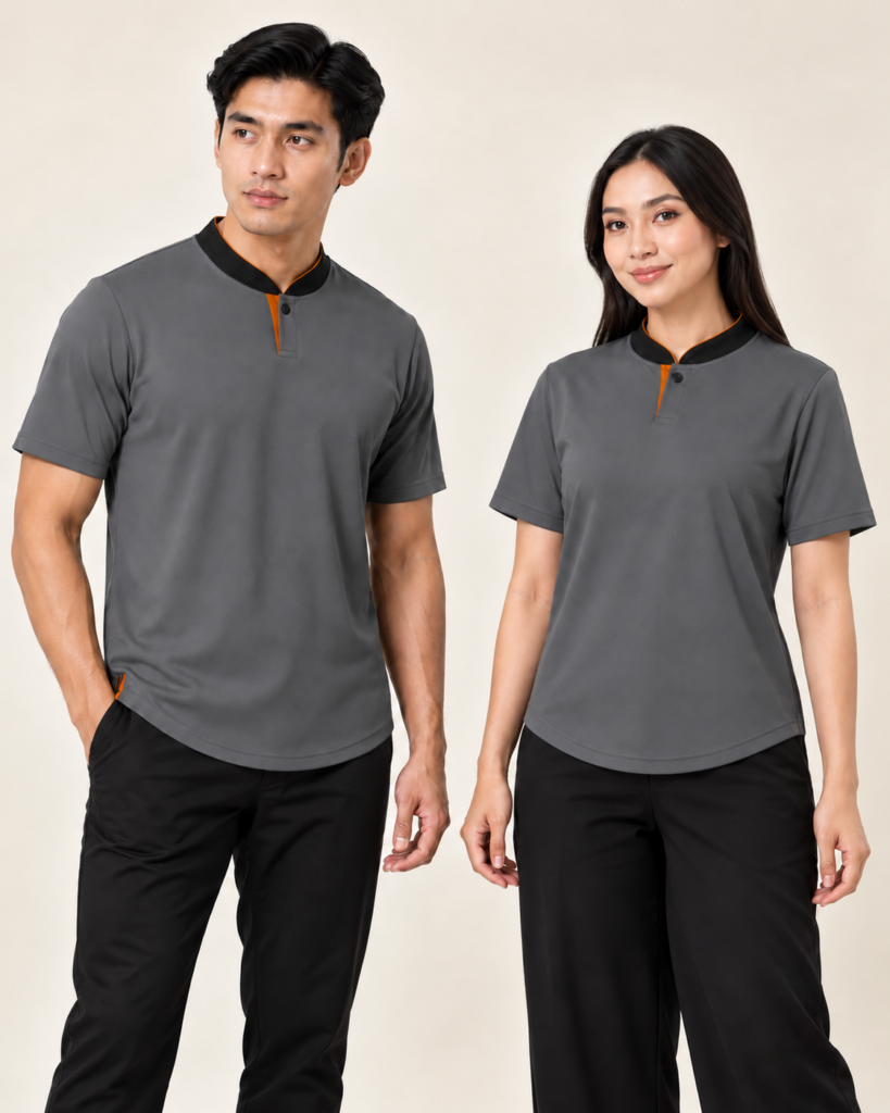 Adult Mandarin Curve Hem — Mandarin, Basic / standard, Curve Hem. Gambaran AI, bukan sampel jahitan sebenar.