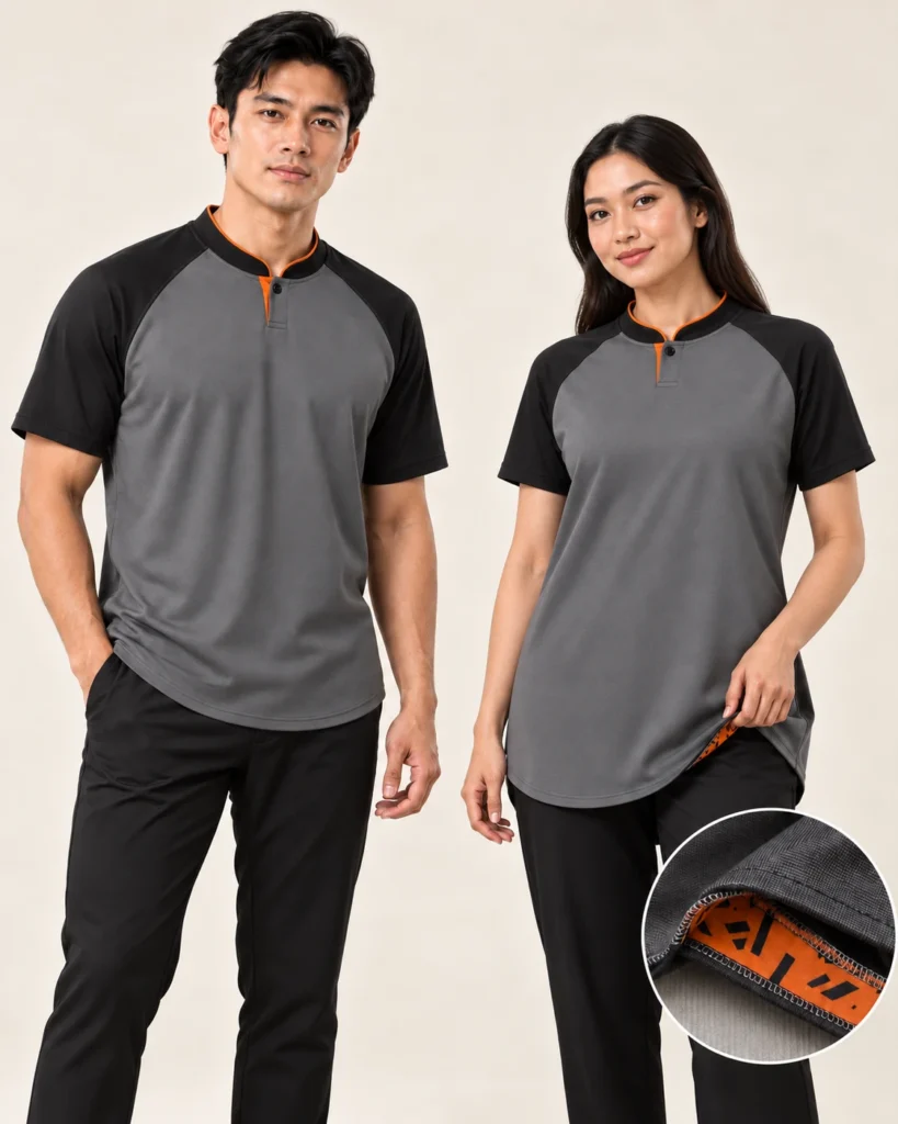 Adult Mandarin Raglan Premium Hem — Mandarin, Raglan, Premium Hem. AI illustration, not an actual sewn sample.