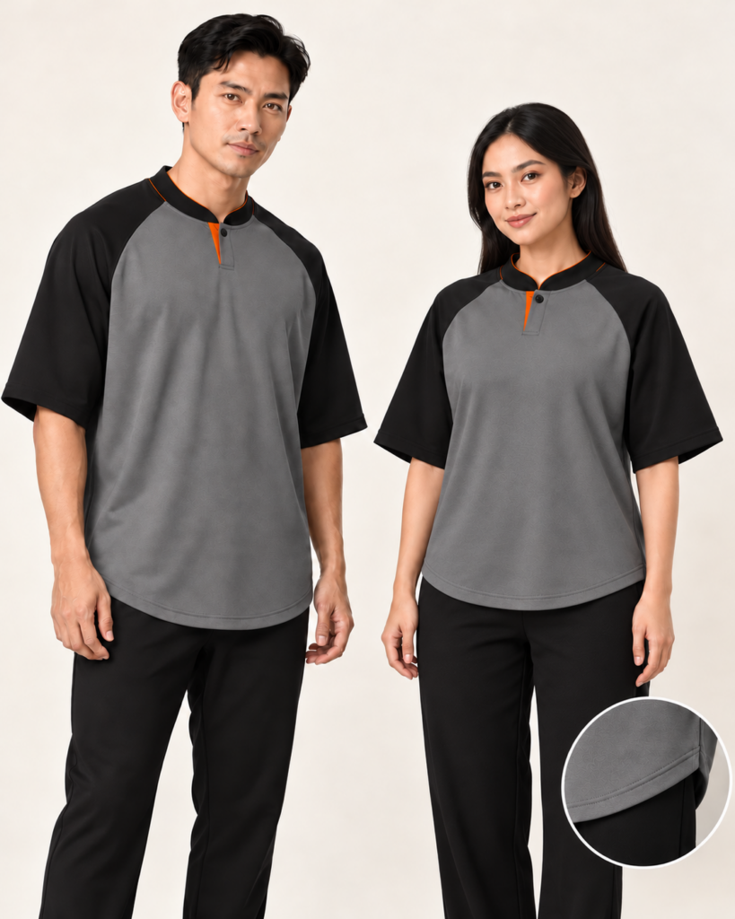 Adult Mandarin Raglan Wide Shoulder Curve Hem — Mandarin, Raglan Wide Shoulder, Curve Hem. Gambaran AI, bukan sampel jahitan sebenar.