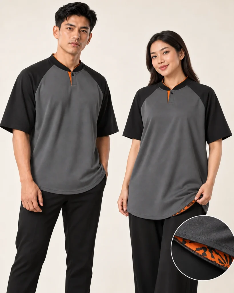 Adult Mandarin Raglan Wide Shoulder Premium Hem — Mandarin, Raglan Wide Shoulder, Premium Hem. AI illustration, not an actual sewn sample.