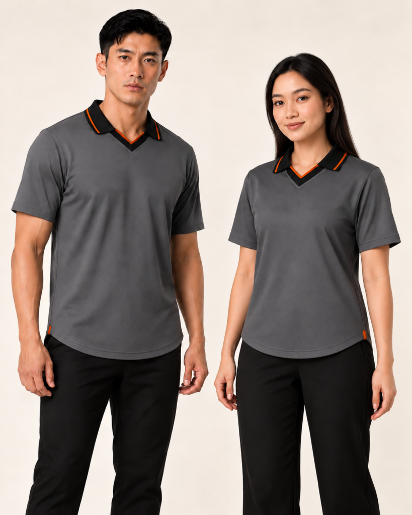 Adult Retro Curve Hem — V-neck Collar / Retro, Basic / standard, Curve Hem. AI illustration, not an actual sewn sample.
