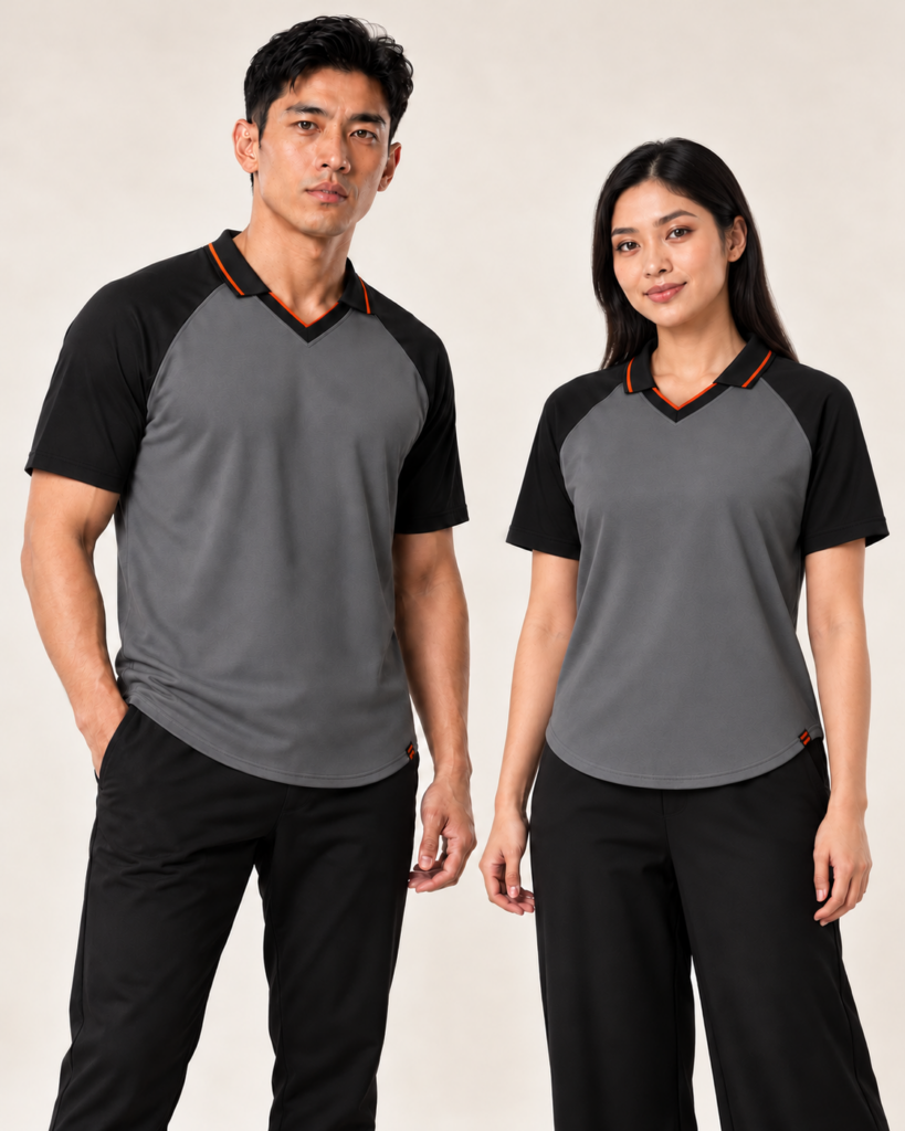 Adult Retro Raglan Curve Hem — V-neck Collar / Retro, Raglan, Curve Hem. Gambaran AI, bukan sampel jahitan sebenar.
