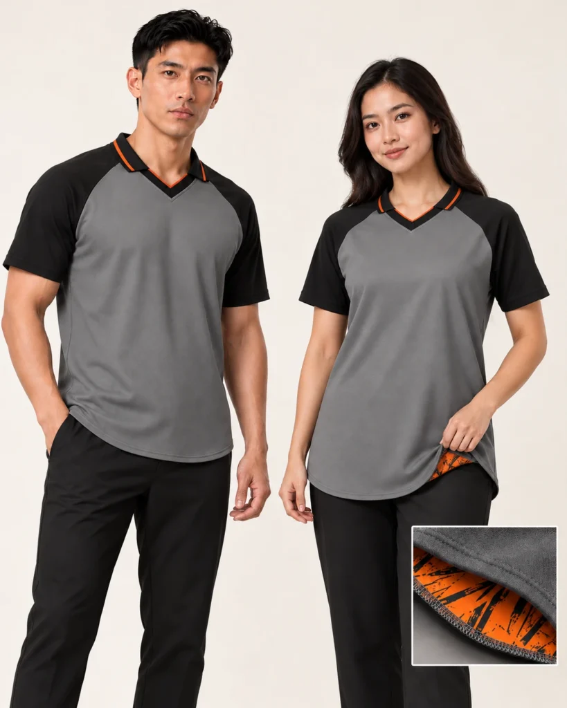 Adult Retro Raglan Premium Hem — V-neck Collar / Retro, Raglan, Premium Hem. Gambaran AI, bukan sampel jahitan sebenar.