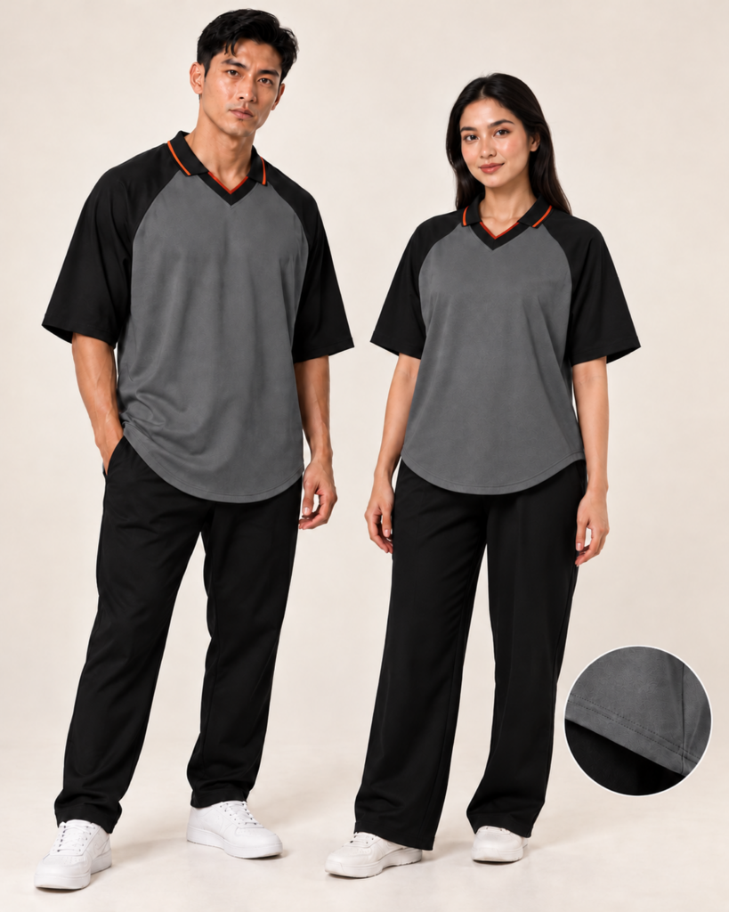 Adult Retro Raglan Wide Shoulder Curve Hem — V-neck Collar / Retro, Raglan Wide Shoulder, Curve Hem. Gambaran AI, bukan sampel jahitan sebenar.
