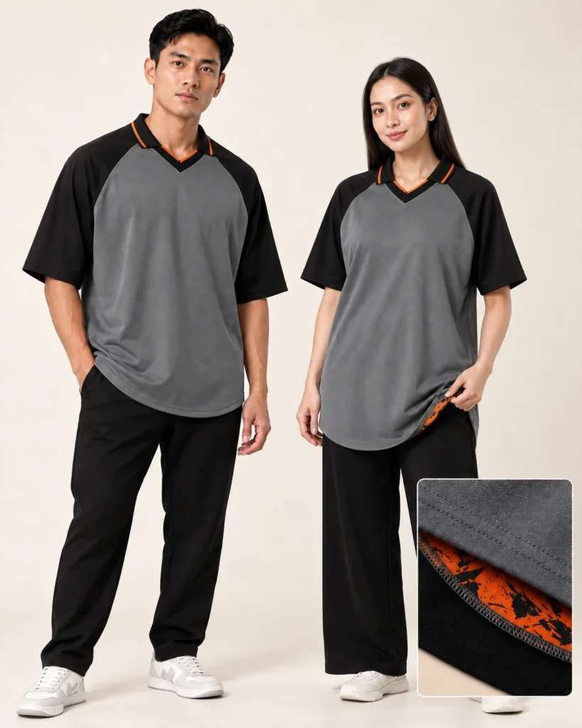 Adult Retro Raglan Wide Shoulder Premium Hem — V-neck Collar / Retro, Raglan Wide Shoulder, Premium Hem. AI illustration, not an actual sewn sample.