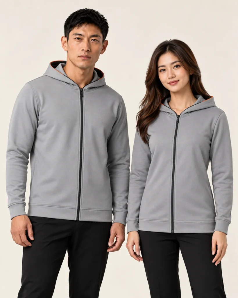 Adult Hoodie Jacket — Hood, Basic / standard, Standard finish. AI illustration, not an actual sewn sample.