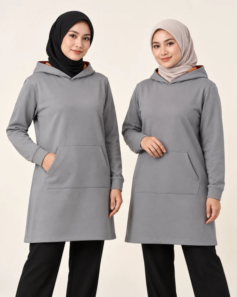 Adult Hoodie Muslimah — Hood, Muslimah, Standard finish. AI illustration, not an actual sewn sample.
