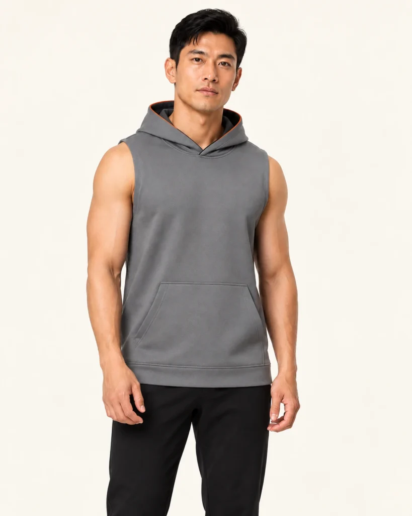 Adult Hoodie Sleeveless — Hood, Sleeveless / Singlet, Standard finish. AI illustration, not an actual sewn sample.