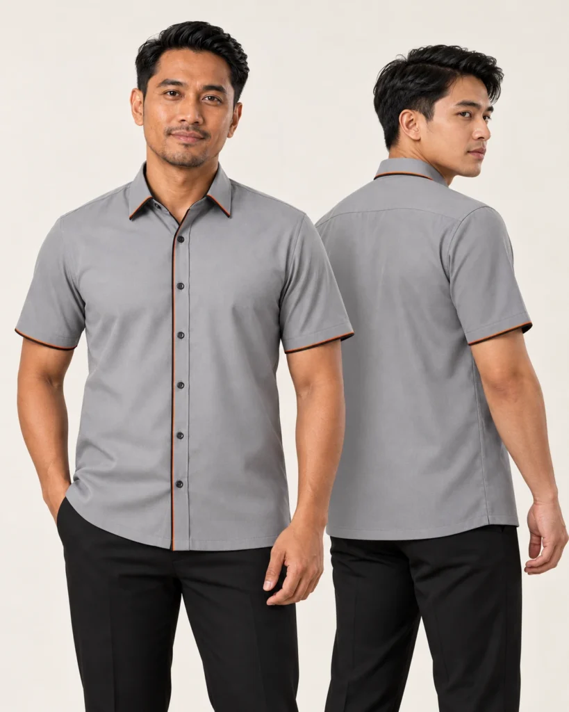 Adult Corporate Men Basic — Corporate collar, Basic / standard, Standard finish. AI illustration, not an actual sewn sample.