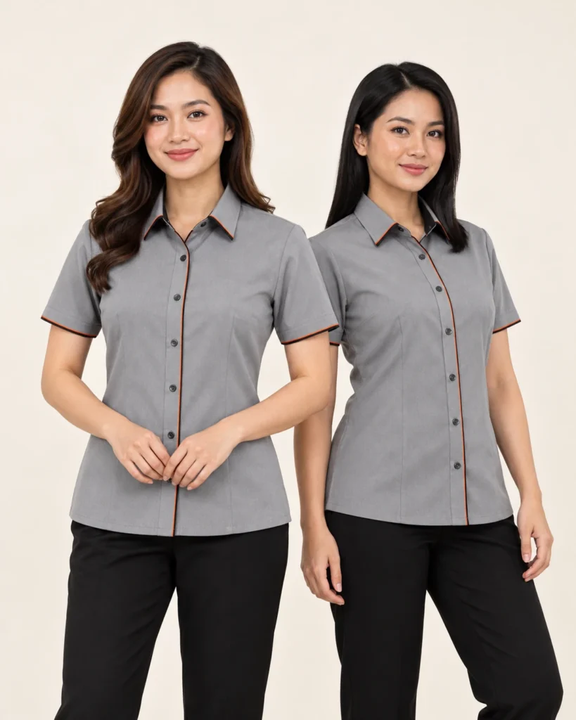 Adult Corporate Women Basic — Corporate collar, Women Cut, Standard finish. AI illustration, not an actual sewn sample.