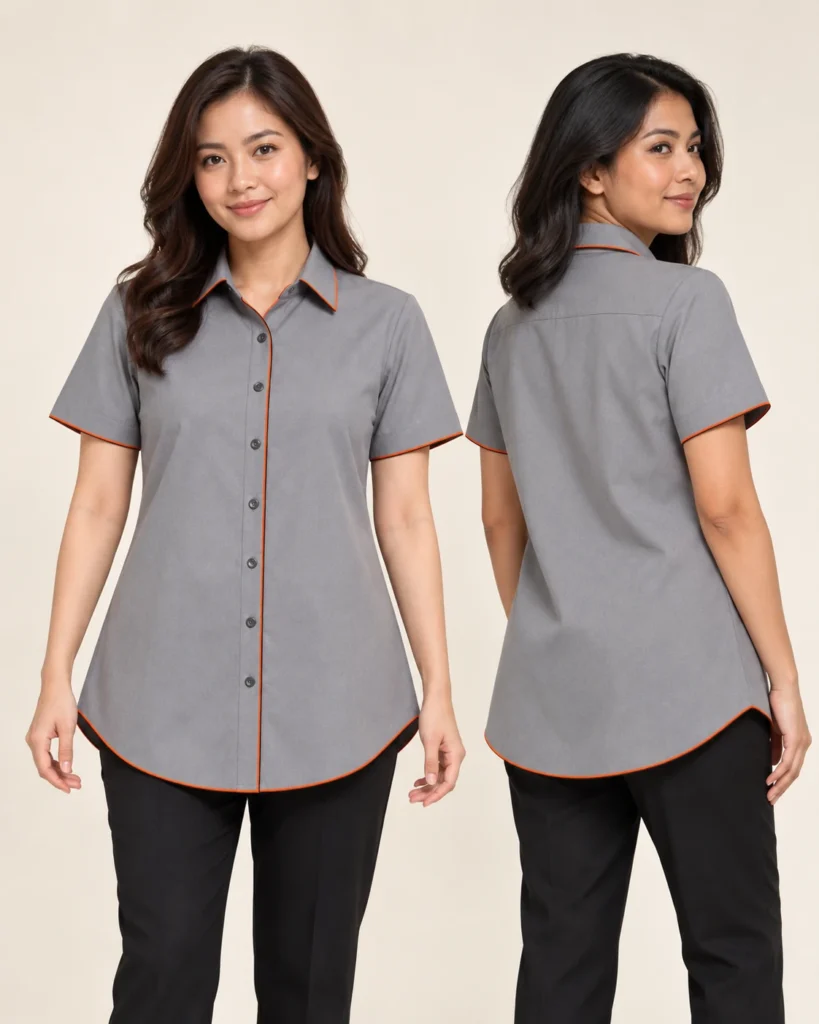 Adult Corporate Women A-Cut Curve — Corporate collar, Women A-Cut, Curve Hem. AI illustration, not an actual sewn sample.