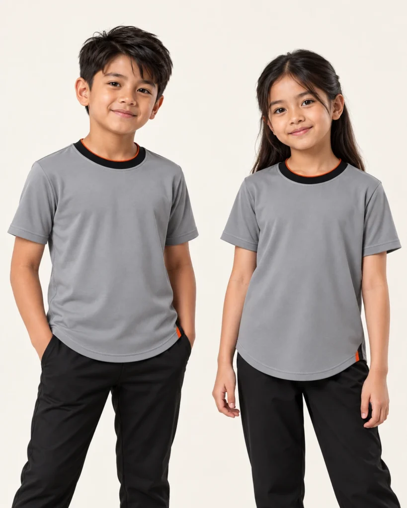 Kids Roundneck Curve Hem — Roundneck, Basic / standard, Curve Hem. AI illustration, not an actual sewn sample.
