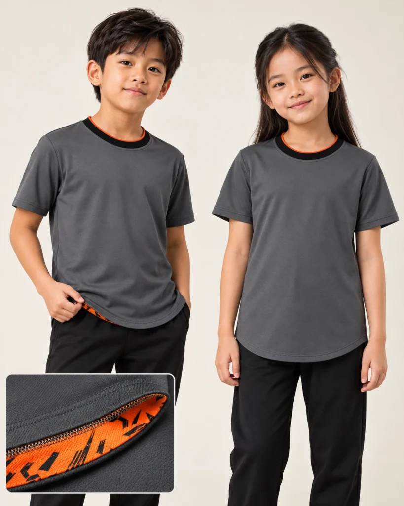 Kids Roundneck Premium Hem — Roundneck, Basic / standard, Premium Hem. AI illustration, not an actual sewn sample.