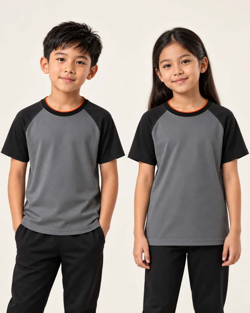 Kids Roundneck Raglan Basic — Roundneck, Raglan, Standard finish. AI illustration, not an actual sewn sample.